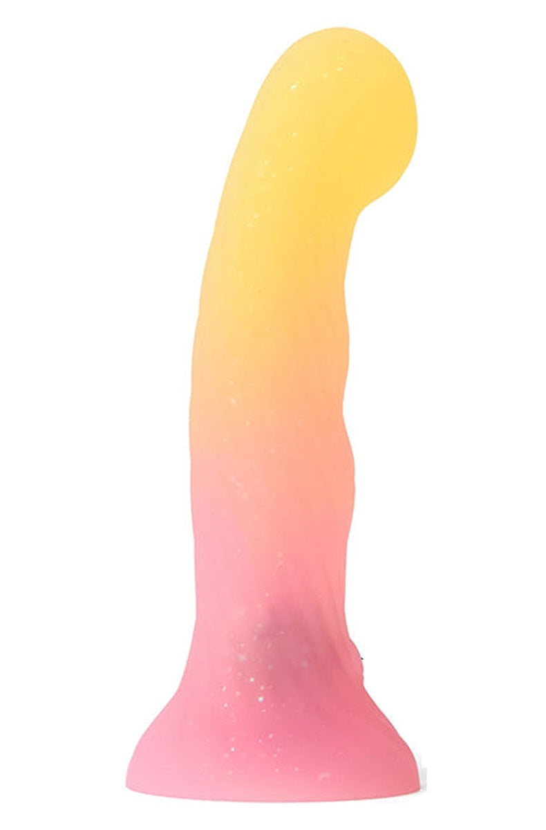 Yellow to pink ridged silicone light up dildo on a suction cup base, lights off