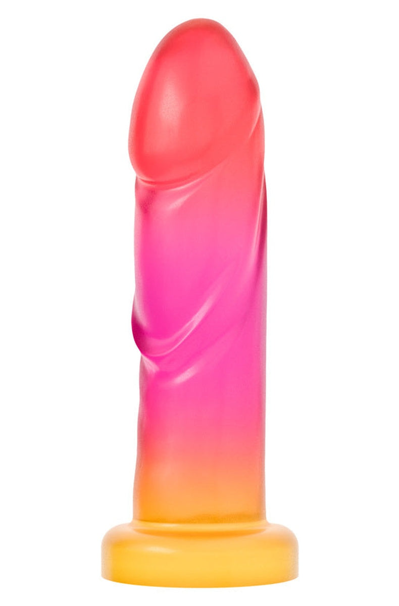 Coral, hot pink and gold ombre silicone dildo with realistic veins on a suction cup base