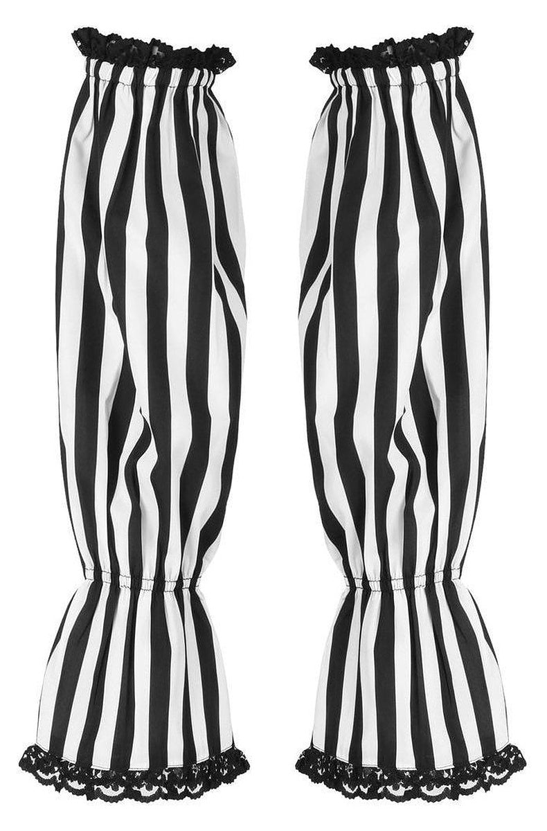 Pair of black and white striped arm sleeves with smocked cuffs and black lace trim