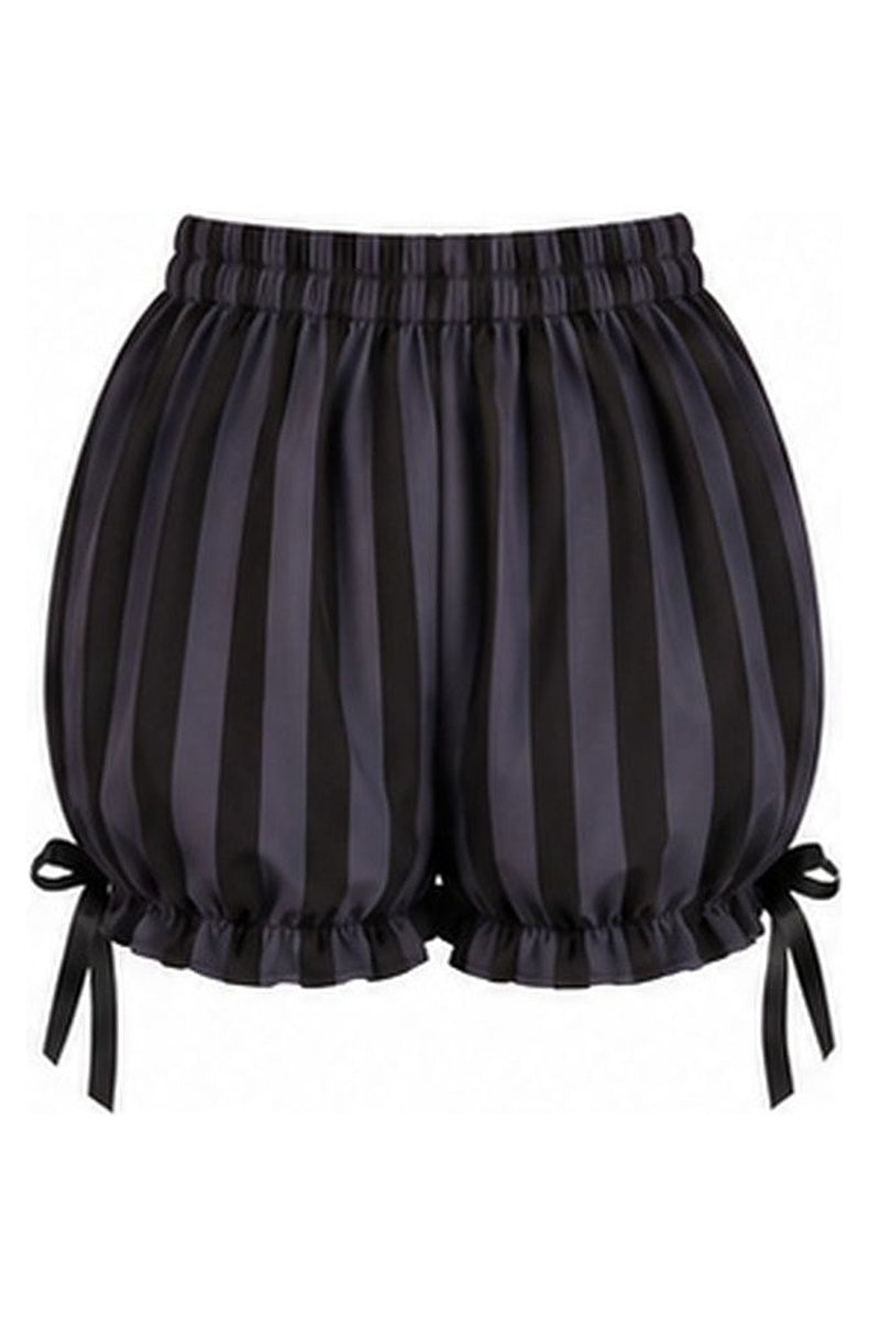 Gray and black striped bloomer shorts with ruffled leg cuffs and black ribbon bows