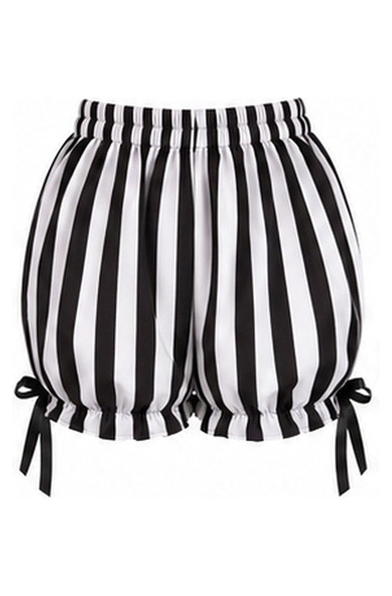 White and black striped bloomer shorts with ruffled leg cuffs and black ribbon bows