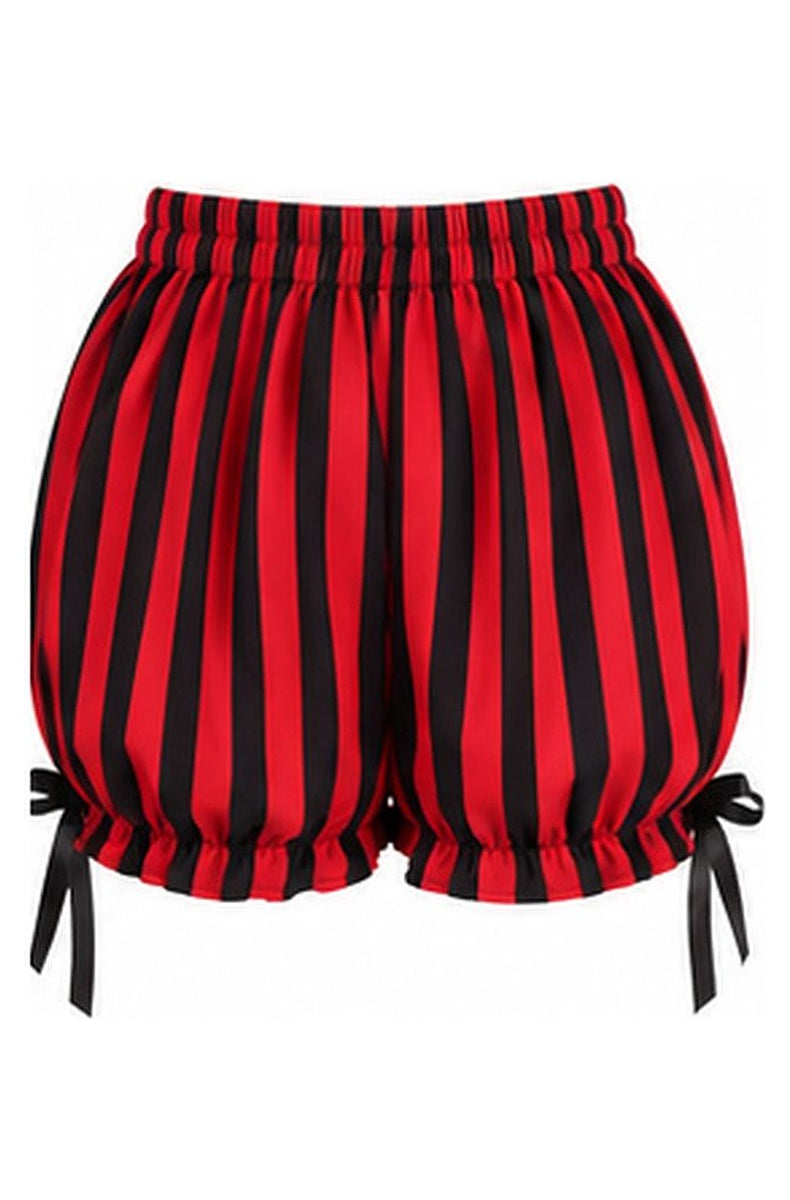 Red and black striped bloomer shorts with ruffled leg cuffs and black ribbon bows