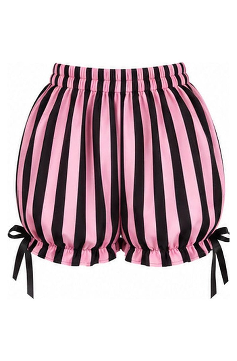 Pink and black striped bloomer shorts with ruffled leg cuffs and black ribbon bows
