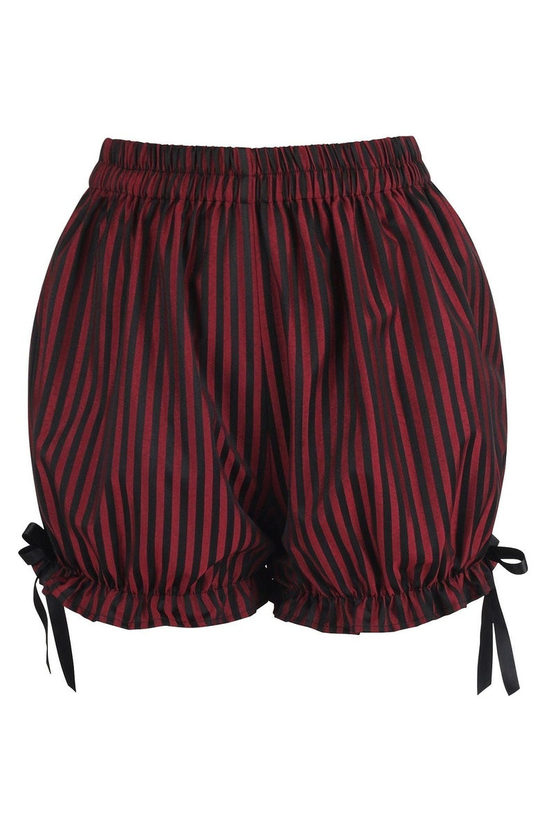 Black and red brocade stripe bloomer shorts with ruffled leg cuffs and black ribbon bows