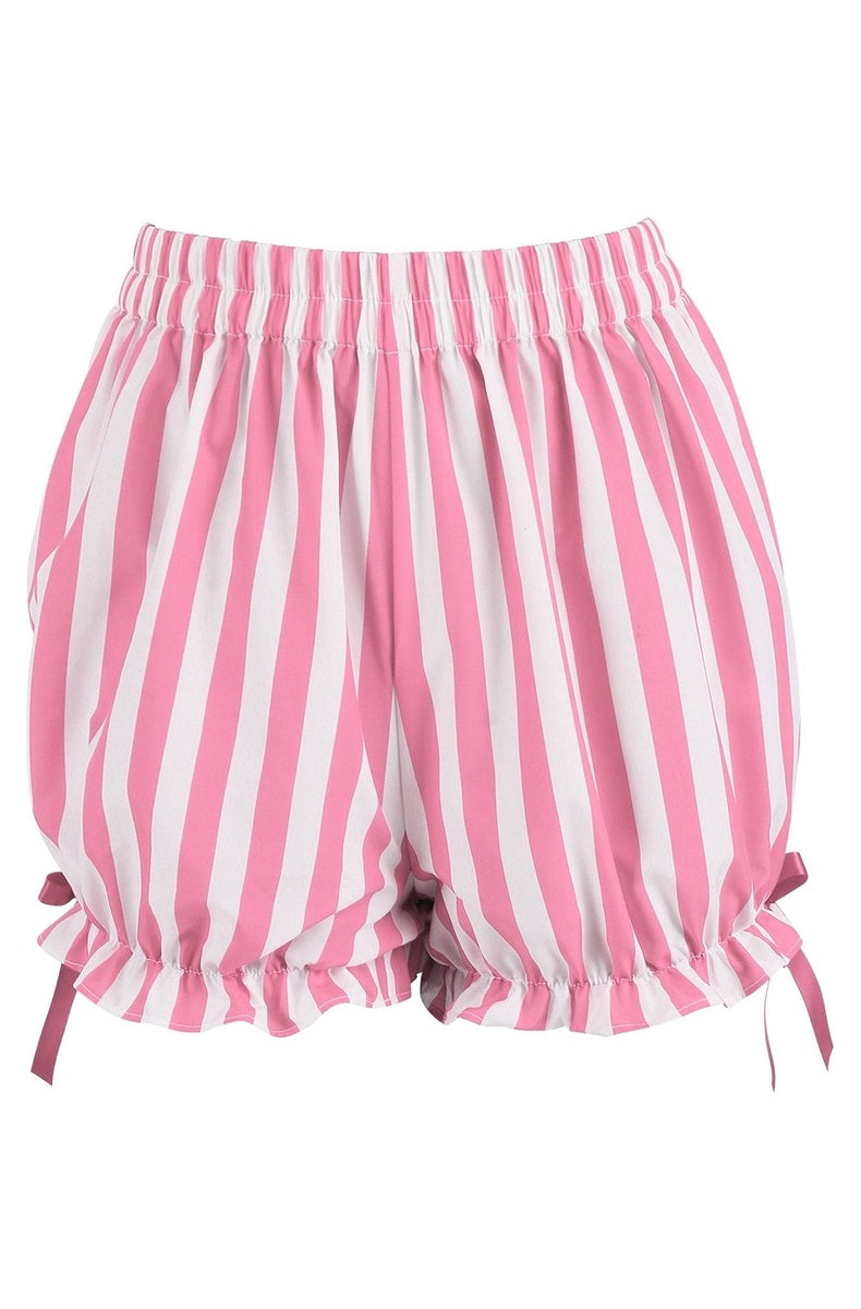 Pink and white striped bloomer shorts with ruffled leg cuffs and pink ribbon bows