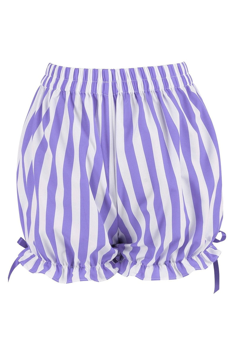 Lavender and white striped bloomer shorts with ruffled leg cuffs and purple ribbon bows