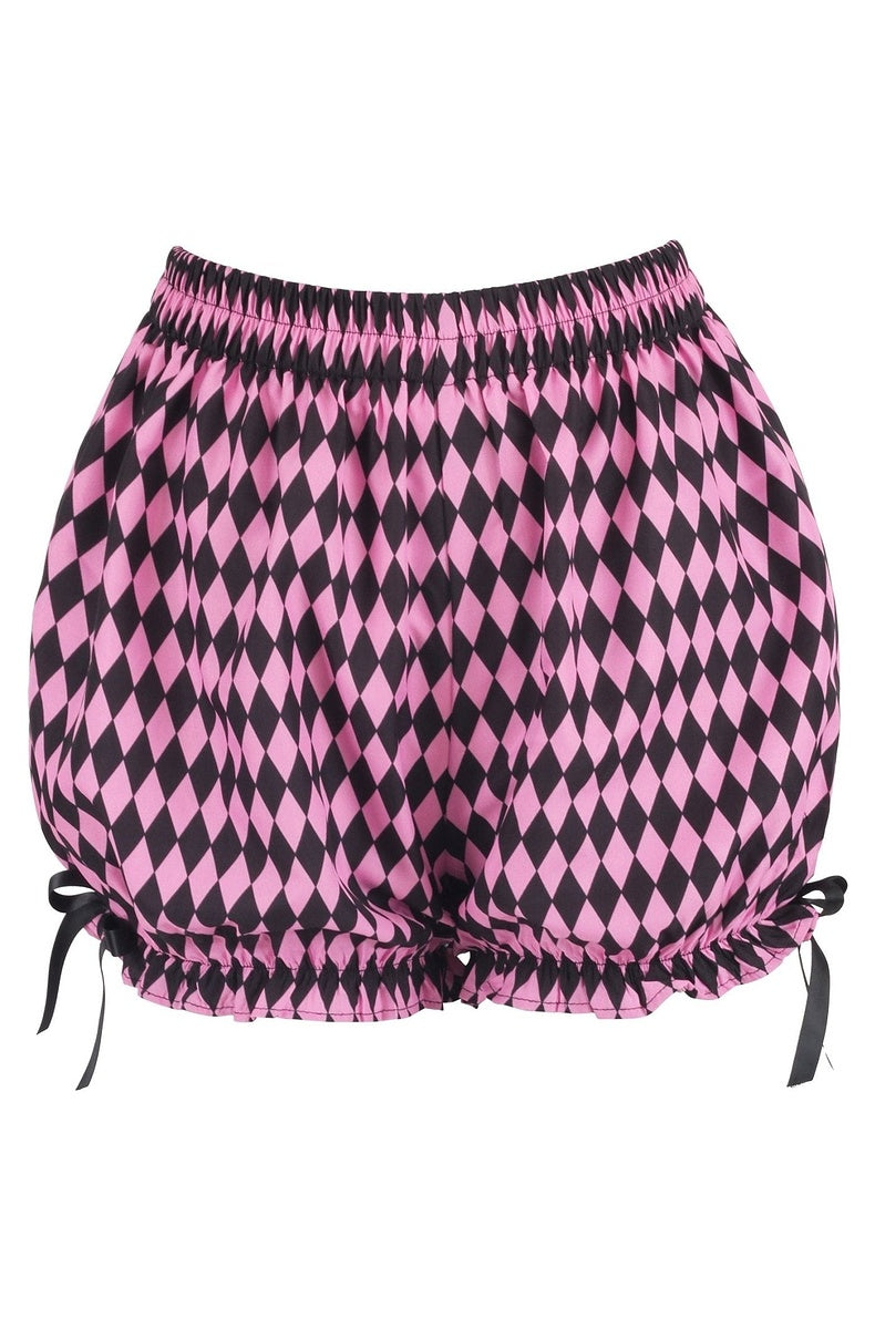 Pink and black harlequin diamond print bloomer shorts with ruffled leg cuffs and black ribbon bows