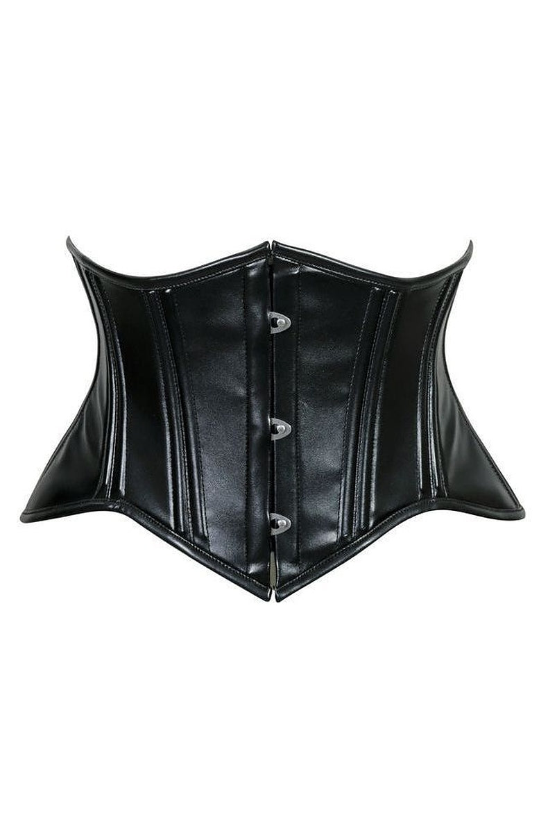 Black wet look faux leather mini cincher corset with front busk and curved hourglass cut, front view