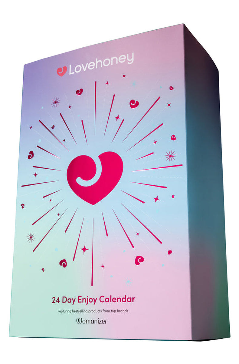 24 day sex toy advent calendar in a pastel pink and blue box with a heart burst design