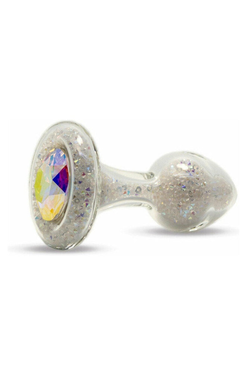 Sparkle glass butt plug with an iridescent crystal in the flared base that shifts pink, gold and green