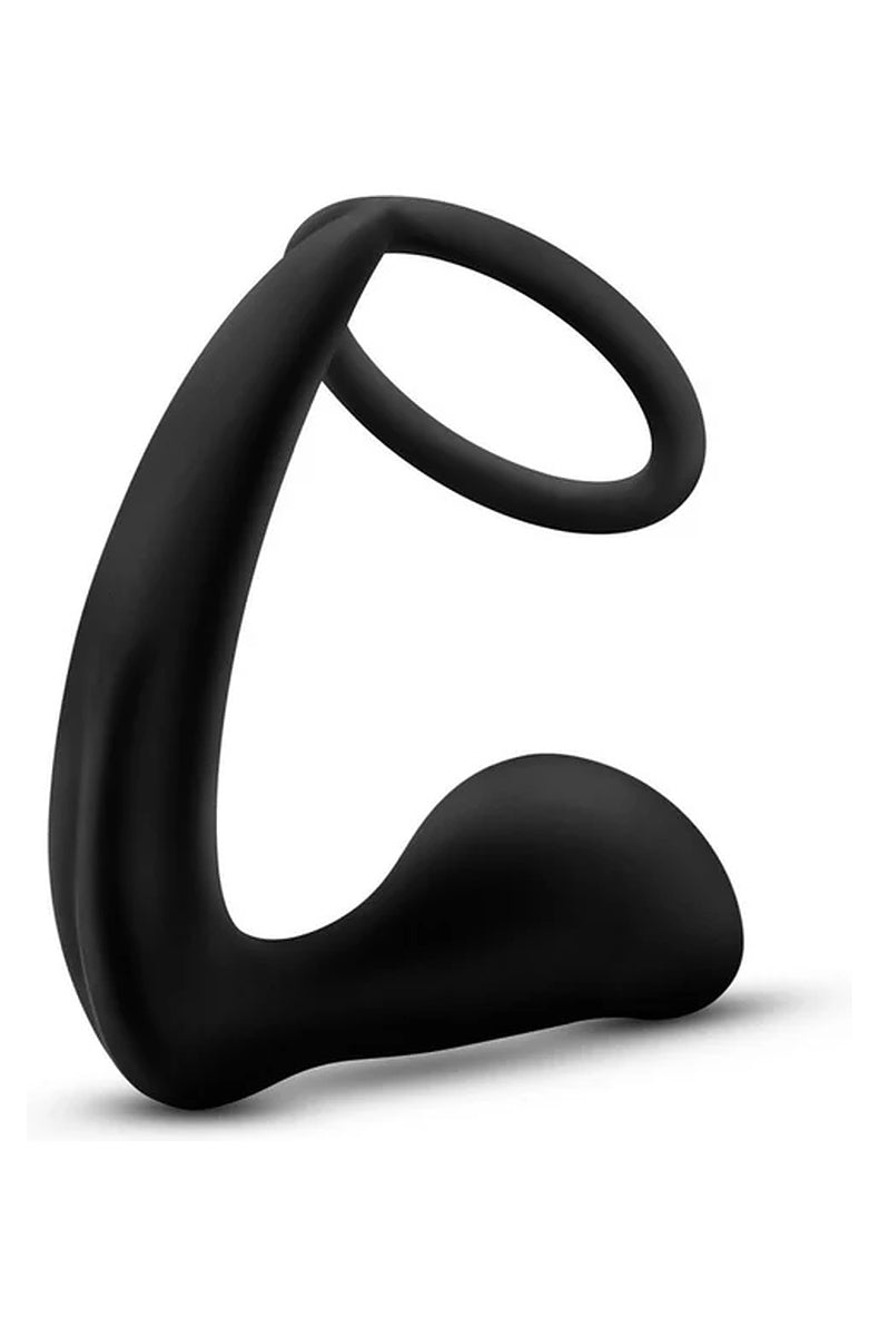 Blush Anal Adventures Platinum cock ring plug in black, showing the ring joined to the curved prostate plug