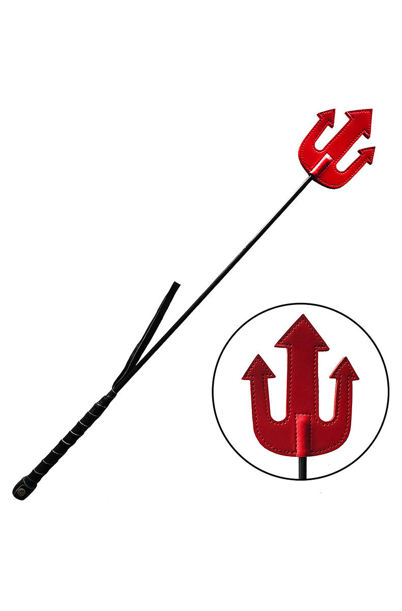 Red leather devil riding crop with black shaft and wrist loop, with an inset of the pitchfork slapper
