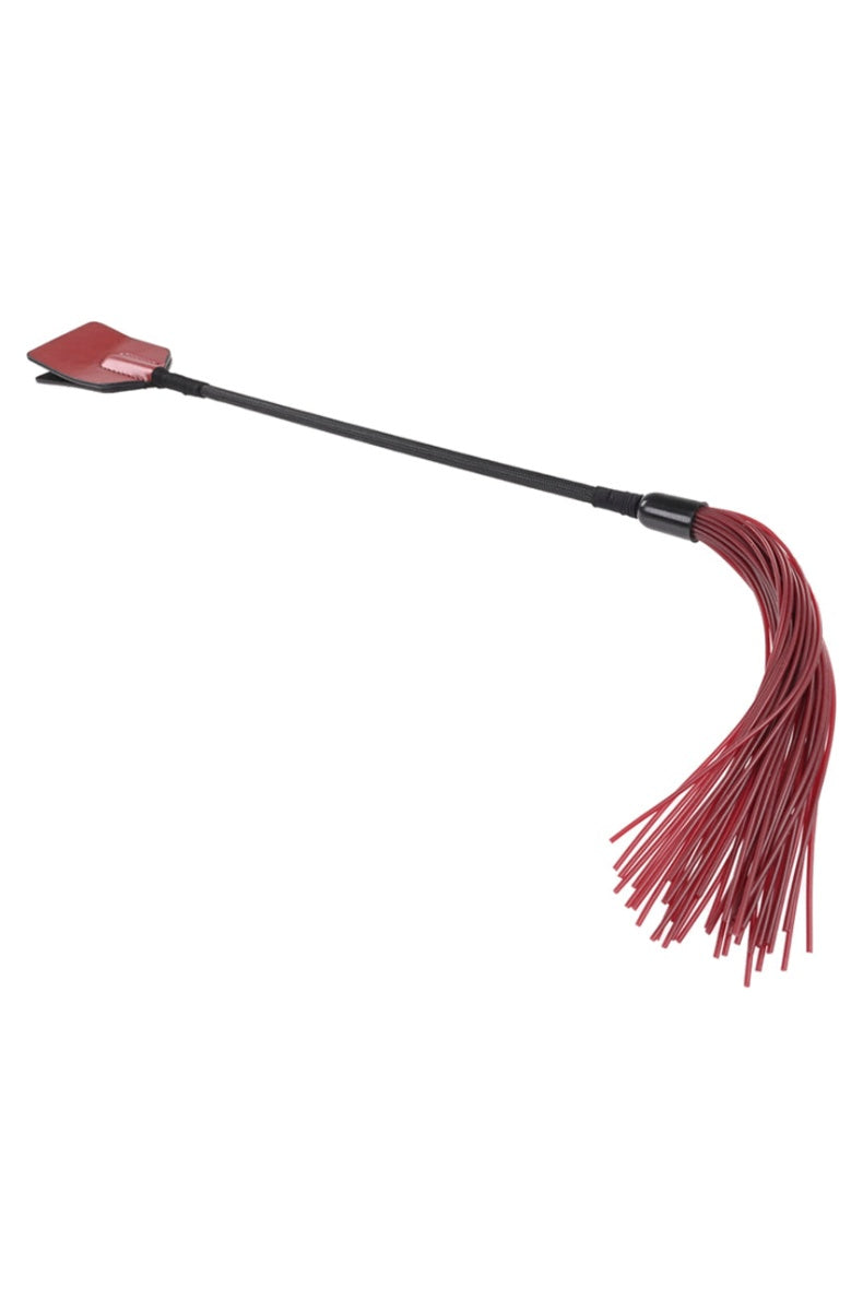 Dual ended impact toy with a red faux leather crop tongue at one end and red silicone flogger falls at the other