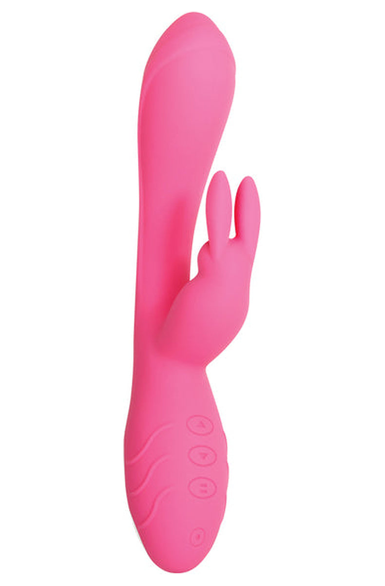 Pink Evolved Bunny Kisses rabbit vibrator, front view, curved shaft with bunny ears and a four button control panel.