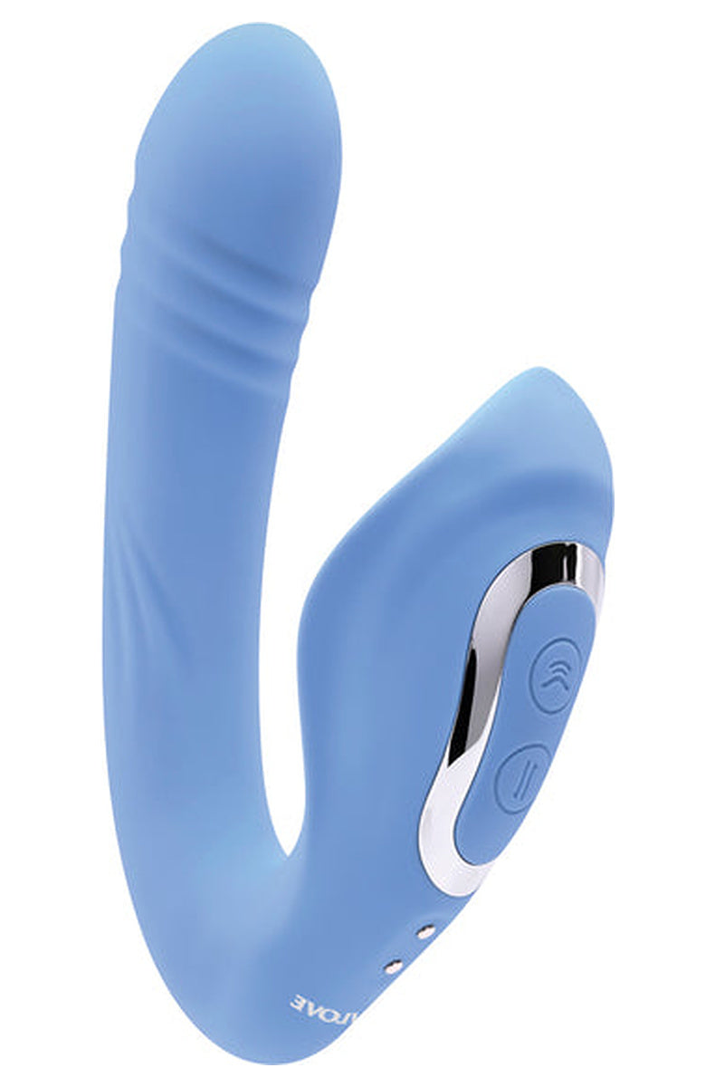 Blue Evolved Tap and Thrust dual stimulator, curved shape with a ridged internal shaft and a wide tapping wing.
