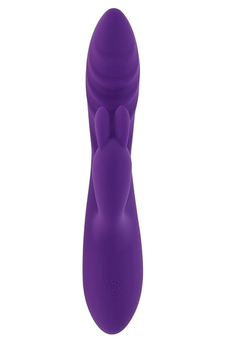 Purple Evolved Wavy Rabbit vibrator, front view, ridged shaft above a slim clitoral arm with two bunny ears.