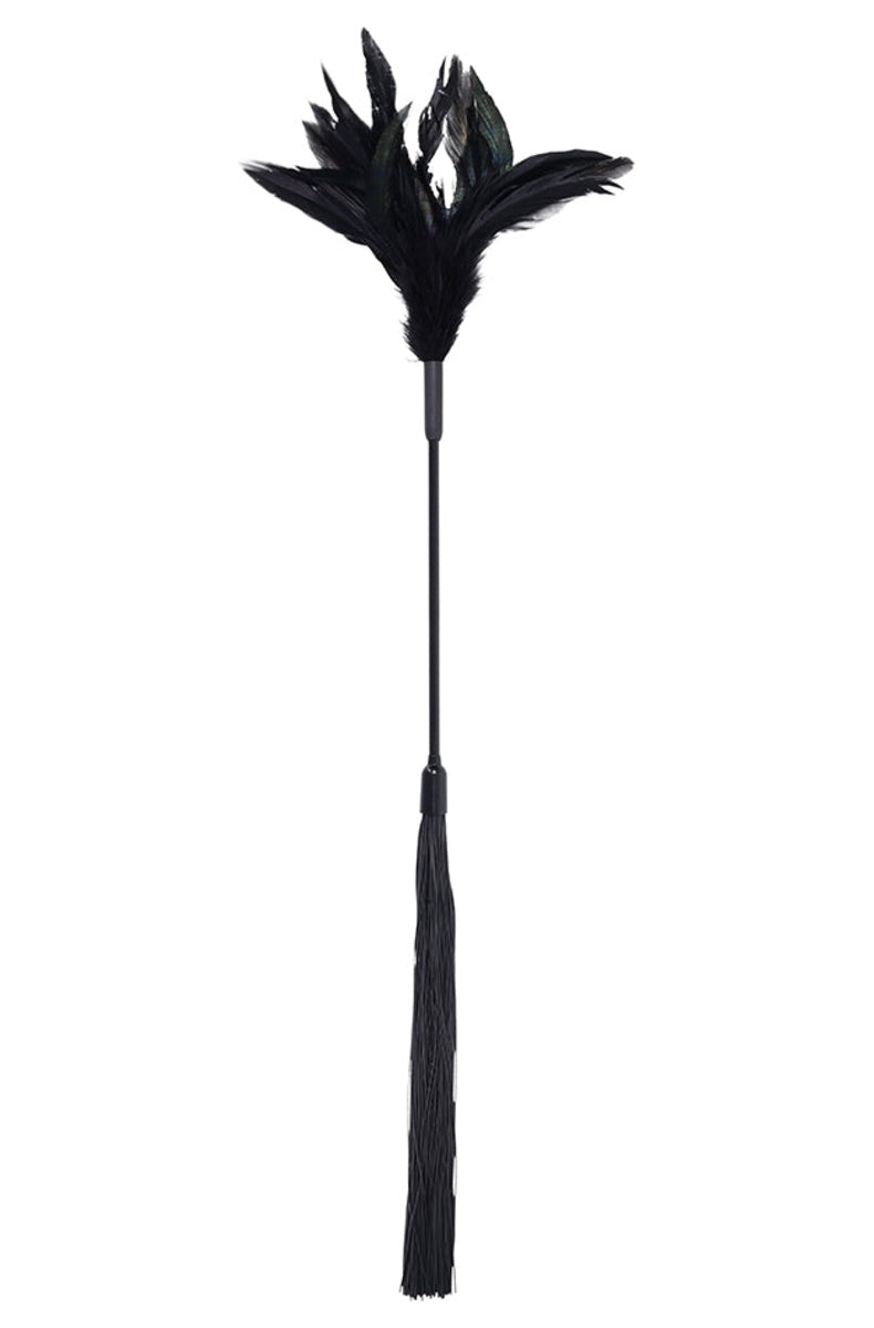 Dual ended tickler with black feathers at the top and a tuft of silicone strands at the base
