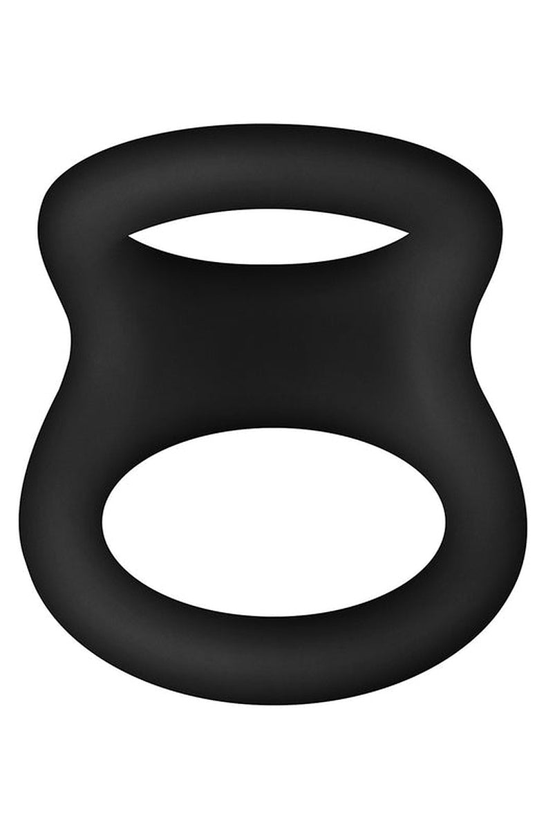 Forto F-22 silicone cock and ball double ring in black, face on, showing the narrow shaft opening above the wider ball opening