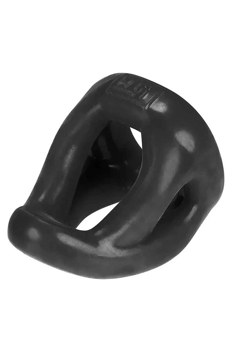 Hunkyjunk Slingshot 3-ring teardrop cock and ball sling in tar black, front view showing the dipped shaft ring