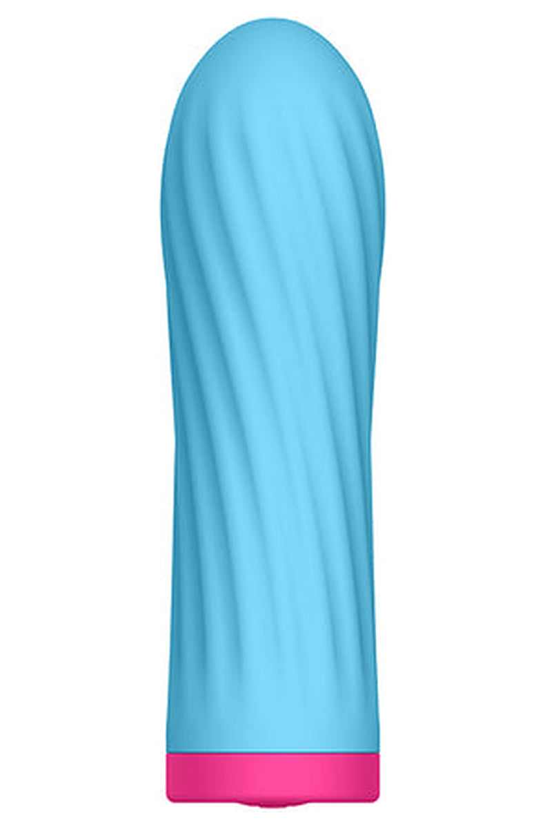 Luv Inc Sky Bullet in light blue, compact silicone bullet vibrator with spiral ribbing and a pink base.