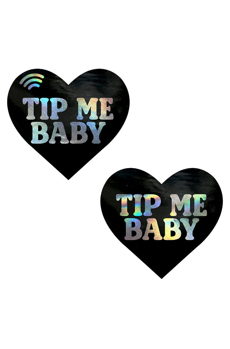 Pair of black heart pasties reading TIP ME BABY in holographic foil, with a printed NFC signal icon