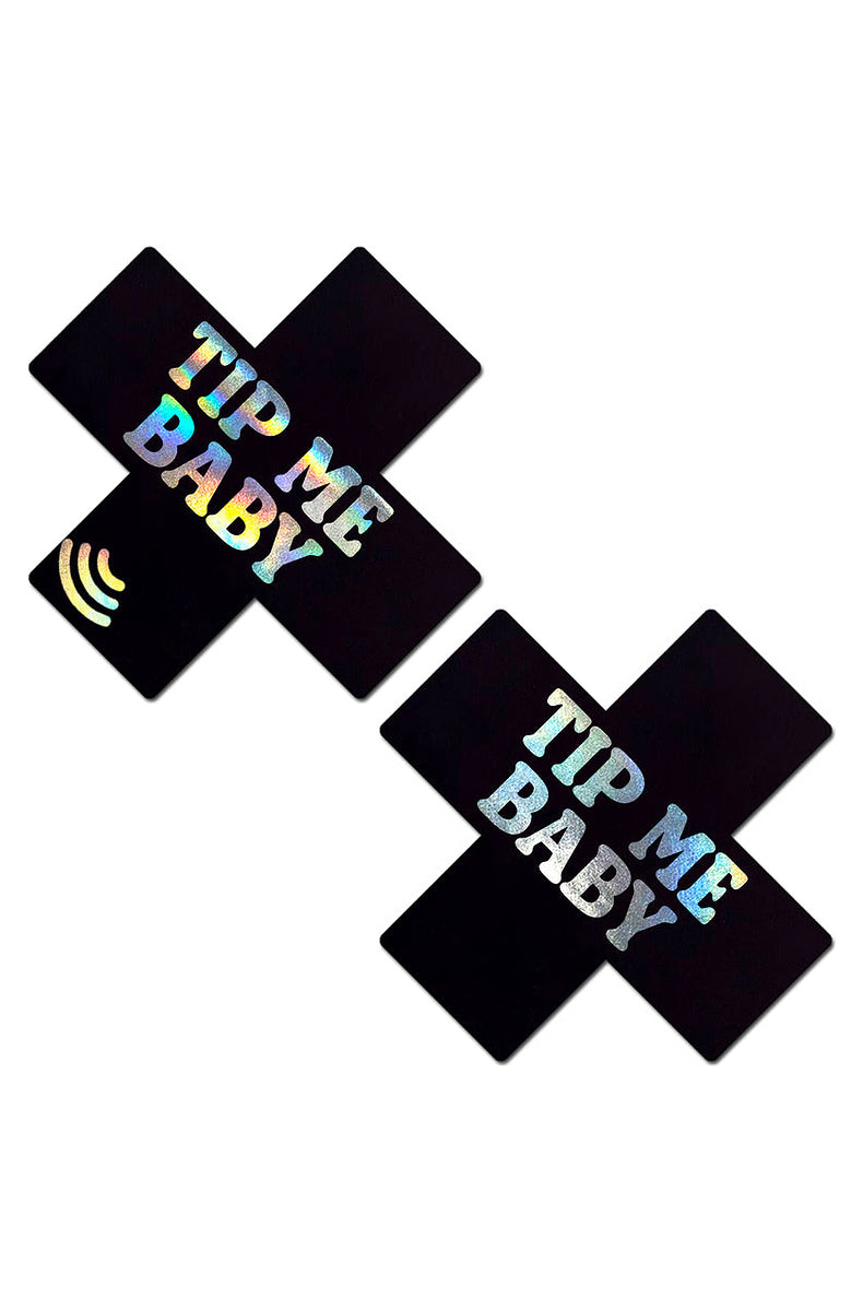 Pair of black cross pasties reading TIP ME BABY in holographic foil, with a printed NFC signal icon