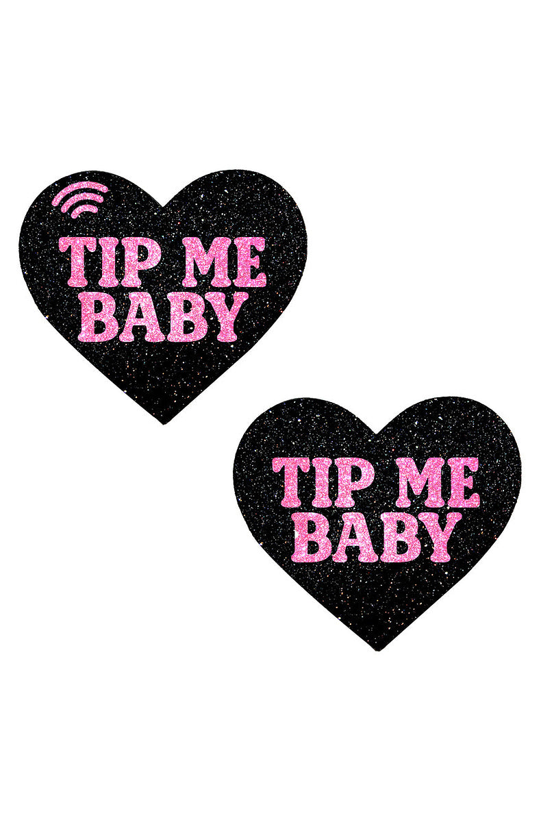 Pair of black glitter heart pasties reading TIP ME BABY in hot pink, with a printed NFC signal icon