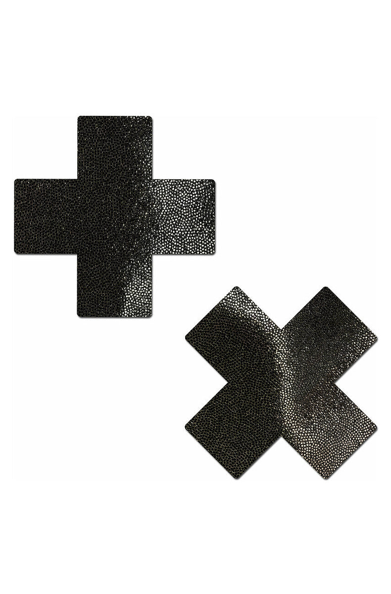 Pair of black cross nipple covers with a fine glitter finish
