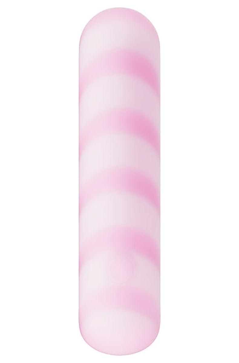 Play With Me Sugar Crush bullet vibrator, pink and white candy stripe with a raised spiral texture.
