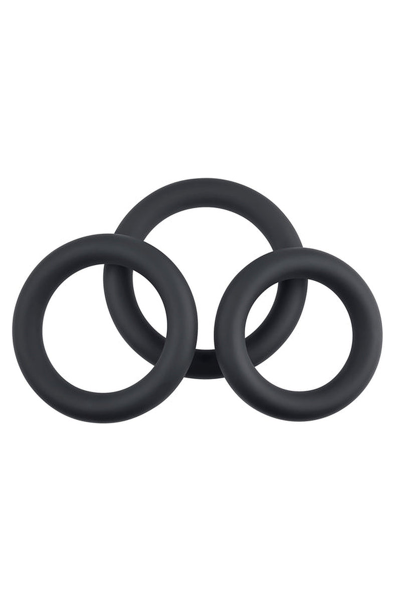 Selopa 3 Ring Circus silicone cock ring set in black, three rings overlapping to show the size difference