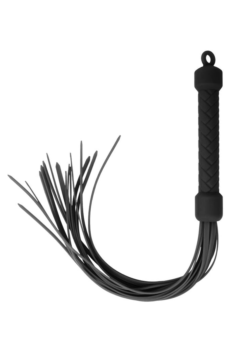Black silicone flogger with silky multi-tail falls and a herringbone textured handle with carrying loop