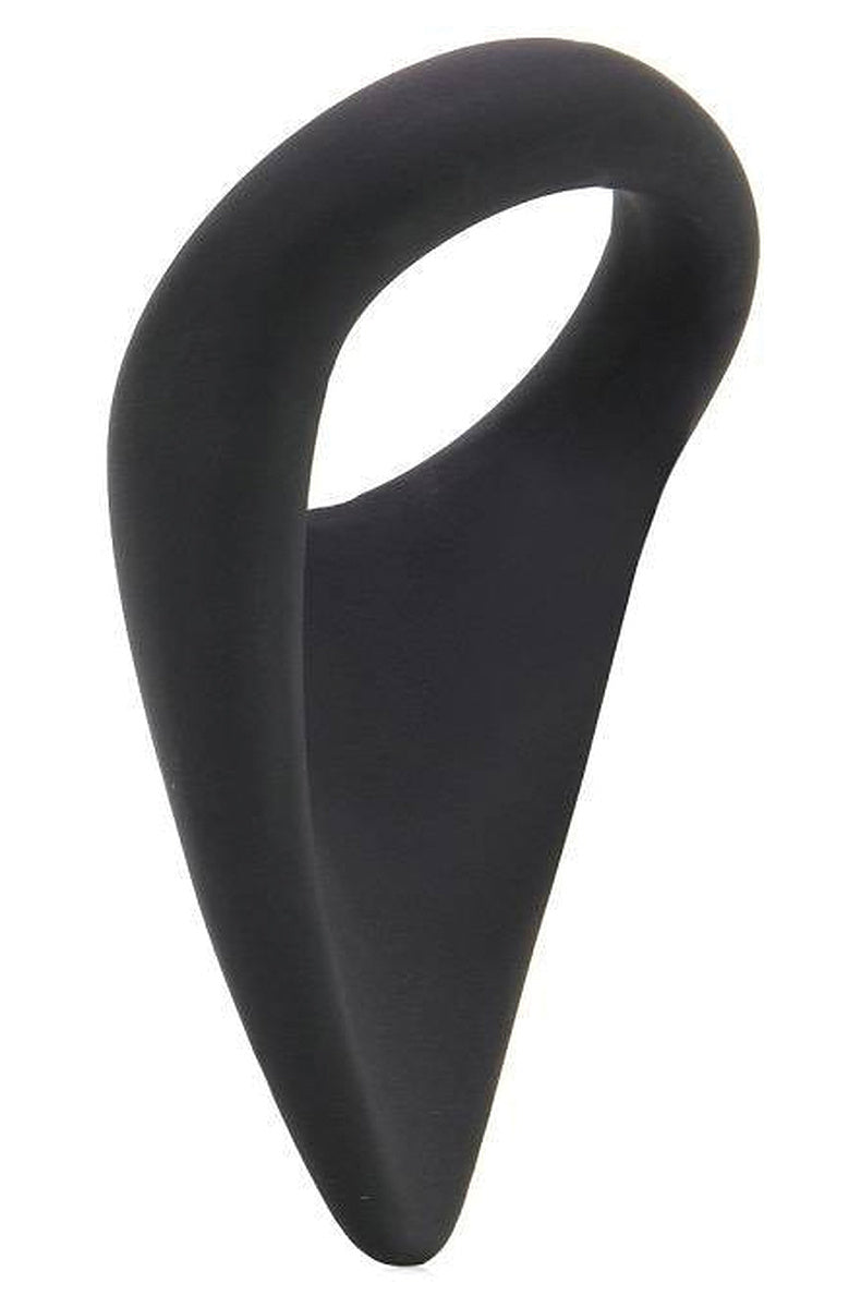 Tantus C-Sling teardrop silicone cock ring in onyx, upright, showing the ring opening above the tapered tongue
