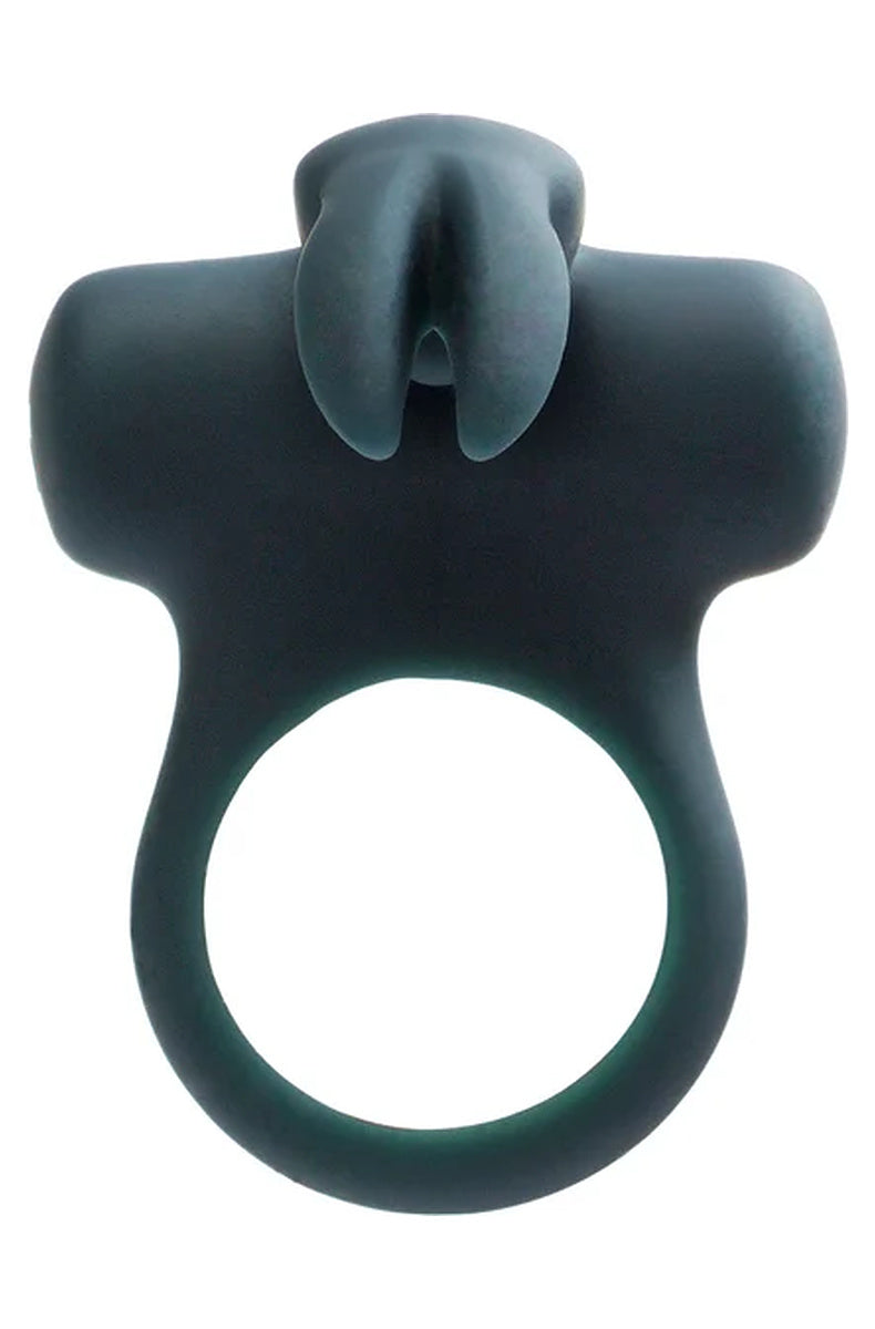 Vedo Frisky Bunny vibrating cock ring in black pearl, front view with the two bunny ears above the ring