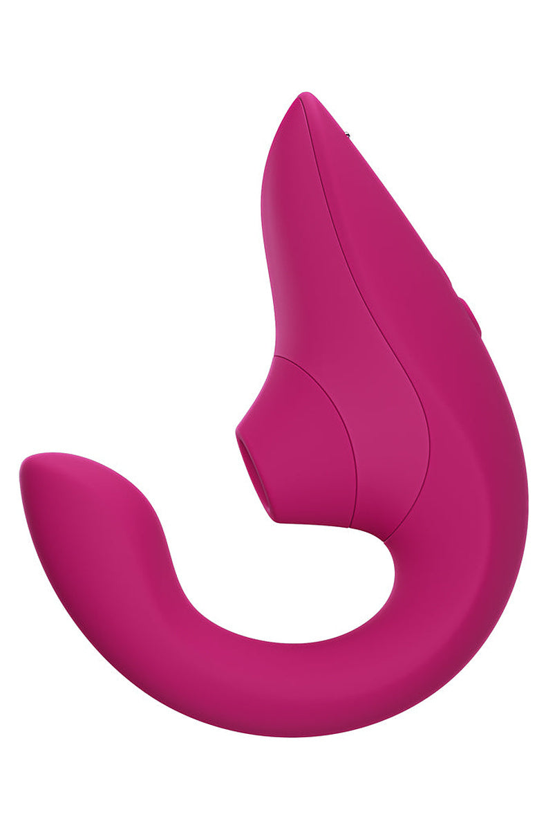 Vibrant Pink Womanizer Blend from the side, showing the Pleasure Air head and the curved G-spot arm.