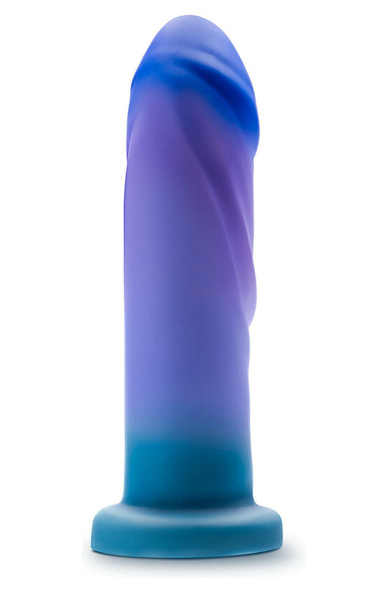 Blue to teal ombre dildo, front view of the broad head and wide shaft