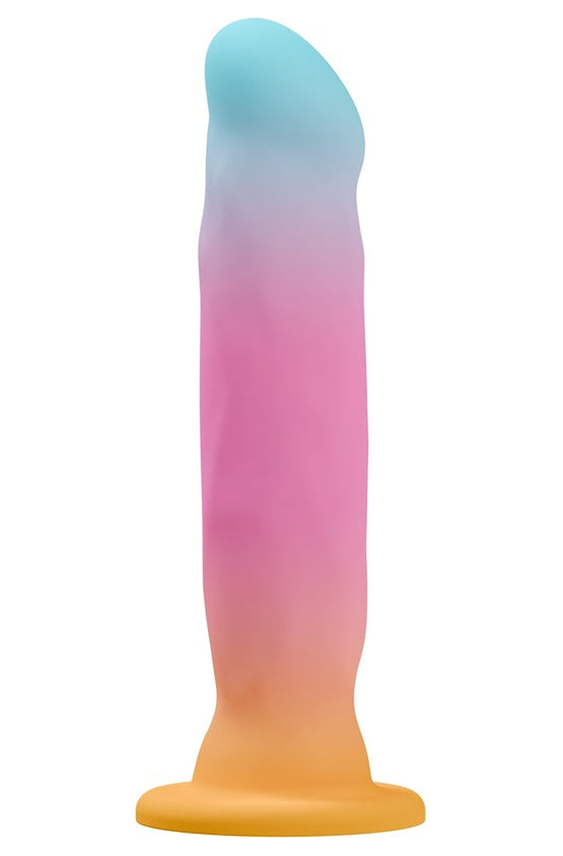 Aqua to gold ombre dildo, front view of the broad head and ridged shaft