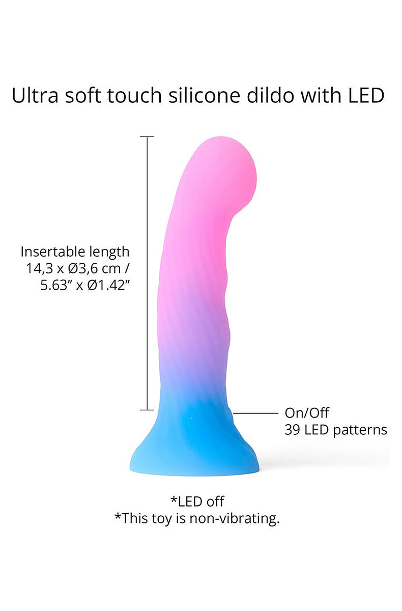 Pink and blue LED dildo size: 5.63 in insertable, 1.42 in diameter, on/off button for 39 LED patterns