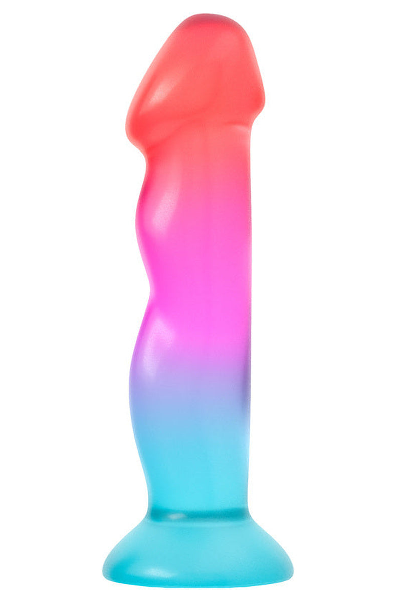 Coral to aqua ombre dildo, front view of the rounded head and wavy shaft