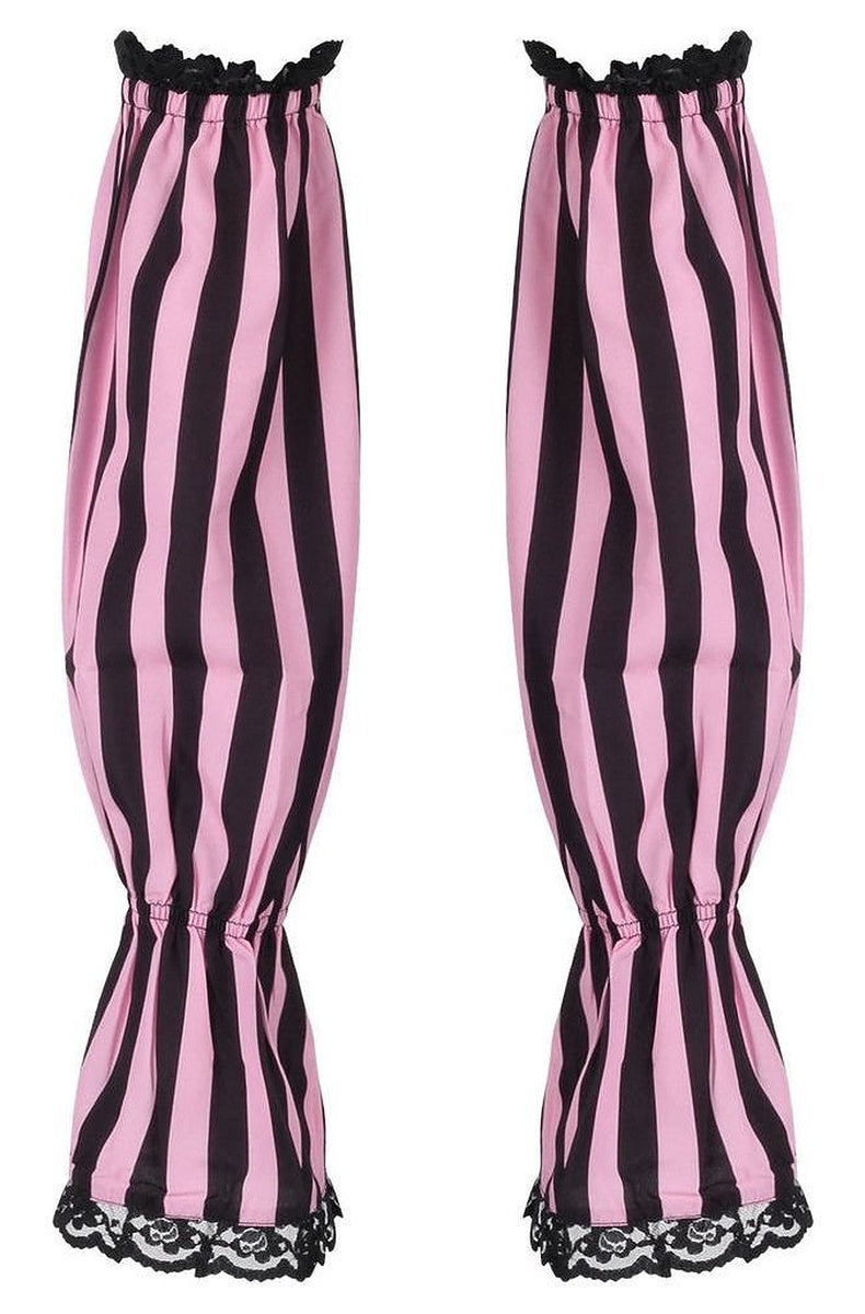 Pair of black and pink striped arm sleeves with smocked cuffs and black lace trim