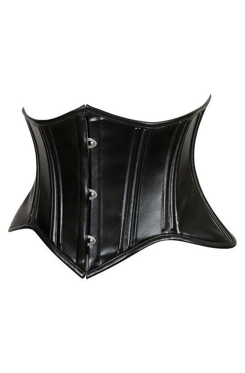 Black wet look mini cincher corset, angled view showing the boning and busk