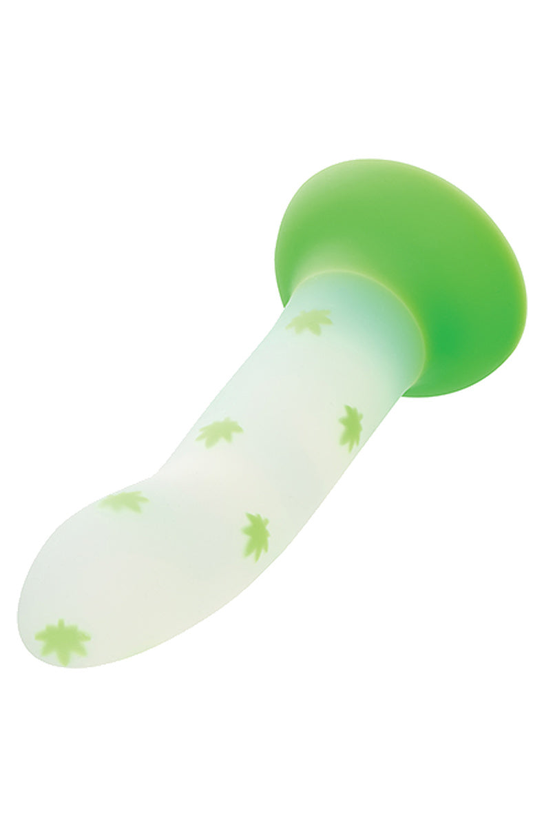 Pot leaf weed dildo lying at an angle showing the green suction base