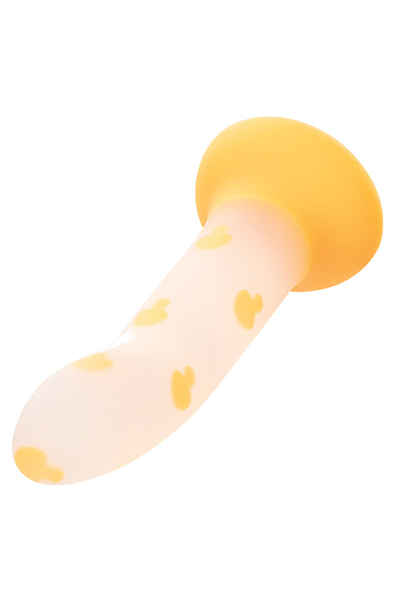Mushroom dildo lying at an angle showing the orange suction base