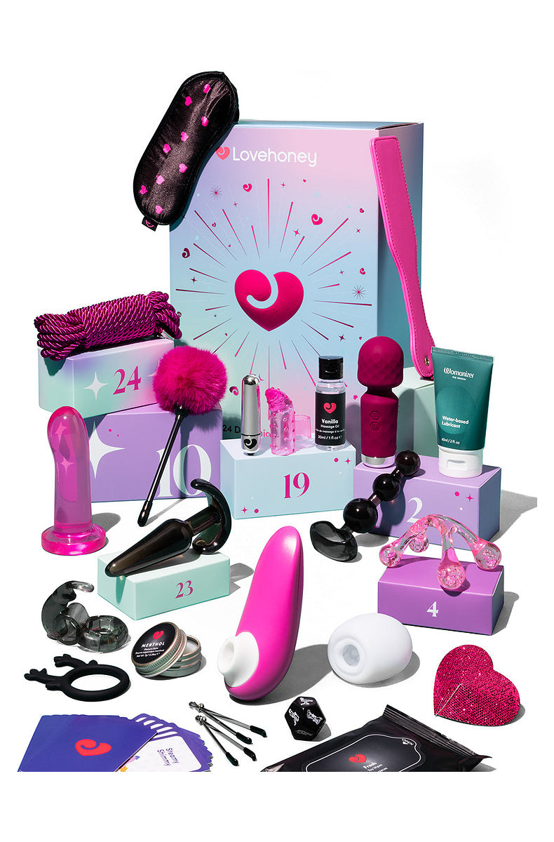 24 day advent calendar contents: Womanizer Starlet 3, mini wand, bullet, plug, beads, dildo, paddle, rope, blindfold and more