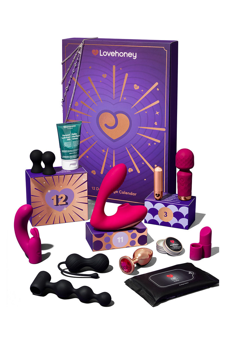 12 day advent calendar contents: dual stimulator, mini wand, remote bullet, sleeves, plug, kegel balls, lube and wipes