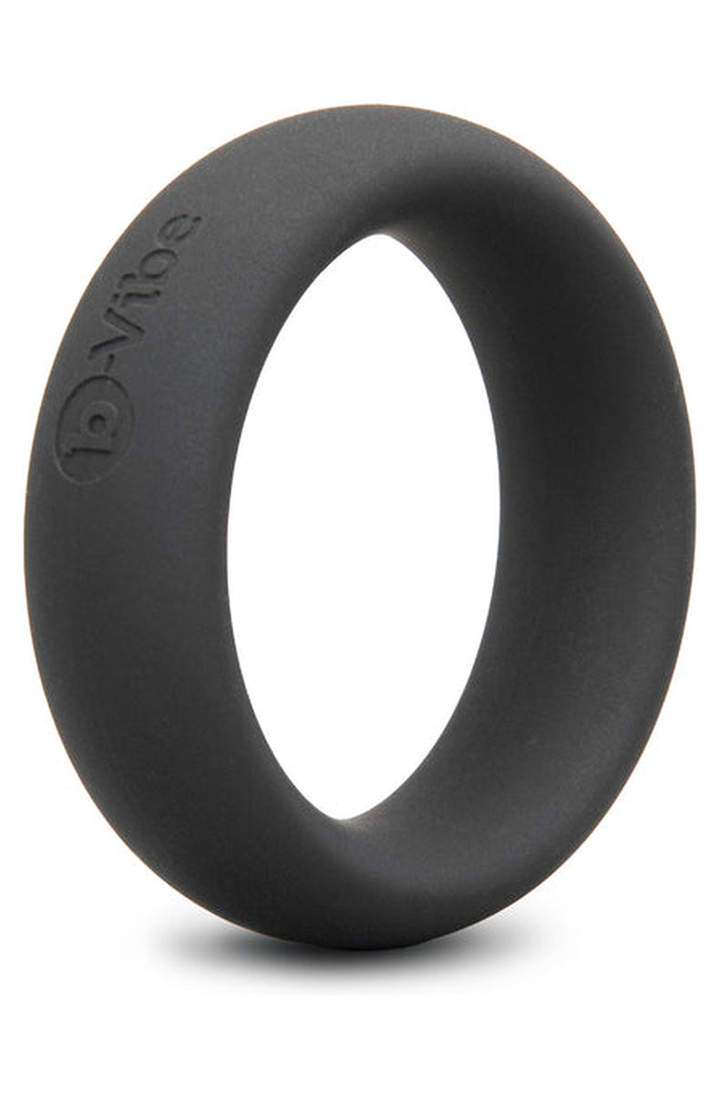 b-Vibe Snug Ring in black from a three quarter angle, showing the debossed b-Vibe mark on the band