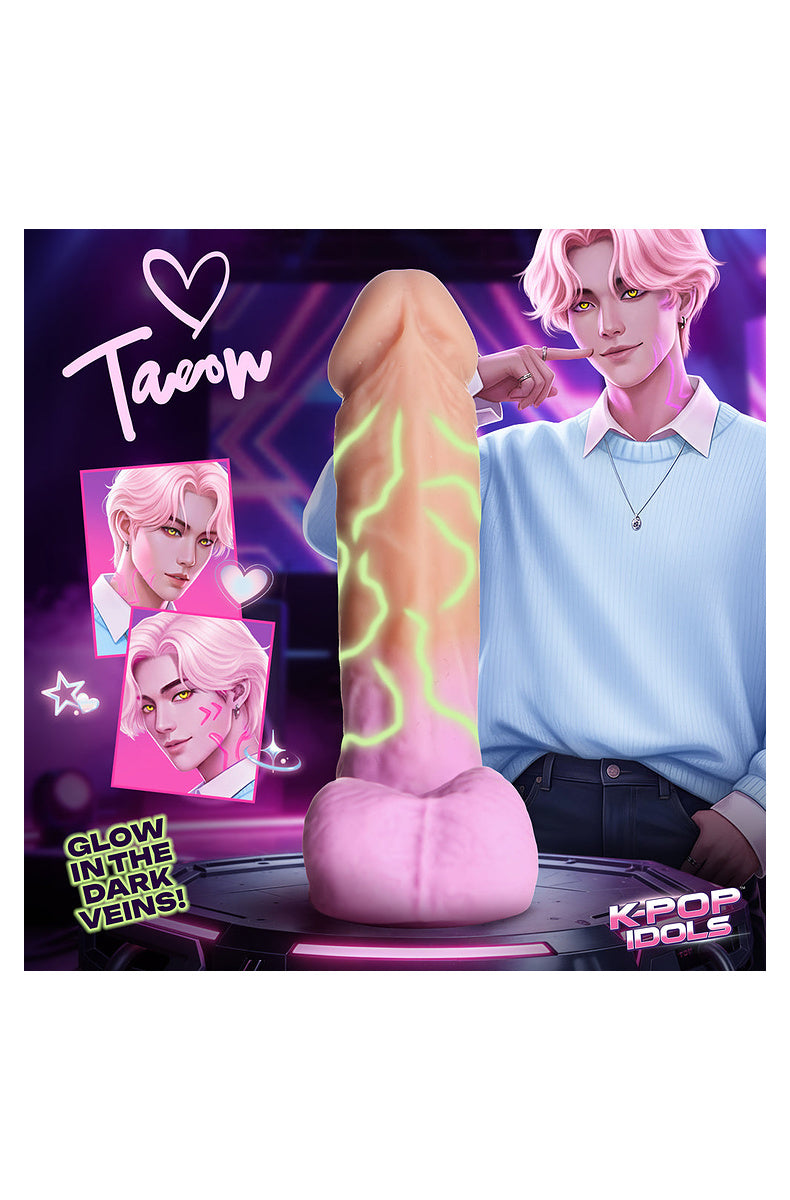 Baby pink K-pop idol dildo with illustrated idol character and glow in the dark veins