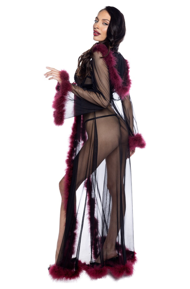 Black marabou robe with the hood down, back view