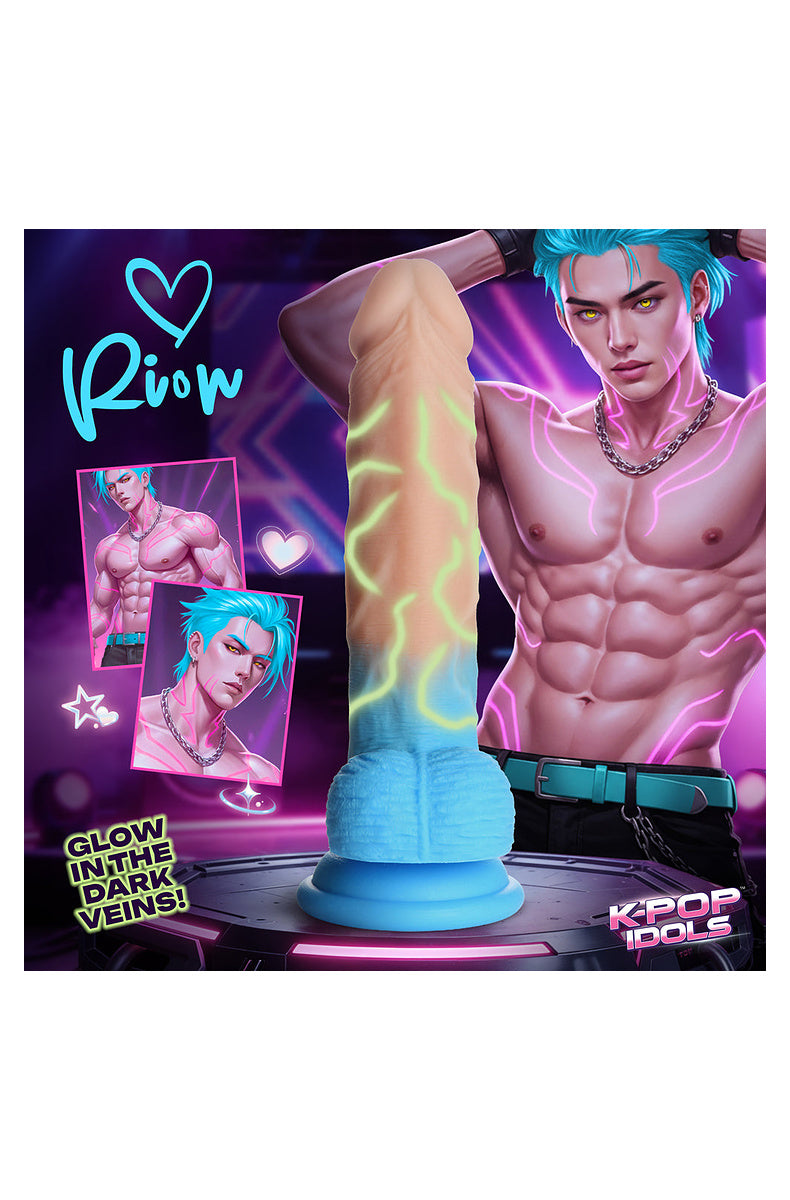 Blue K-pop idol dildo with illustrated idol character and glow in the dark veins