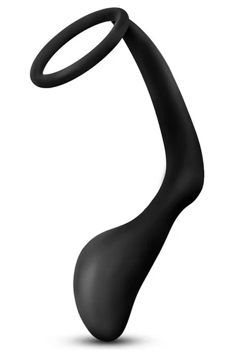 Anal Adventures Platinum cock ring plug from an angle, showing the slim silicone arm between the ring and the plug