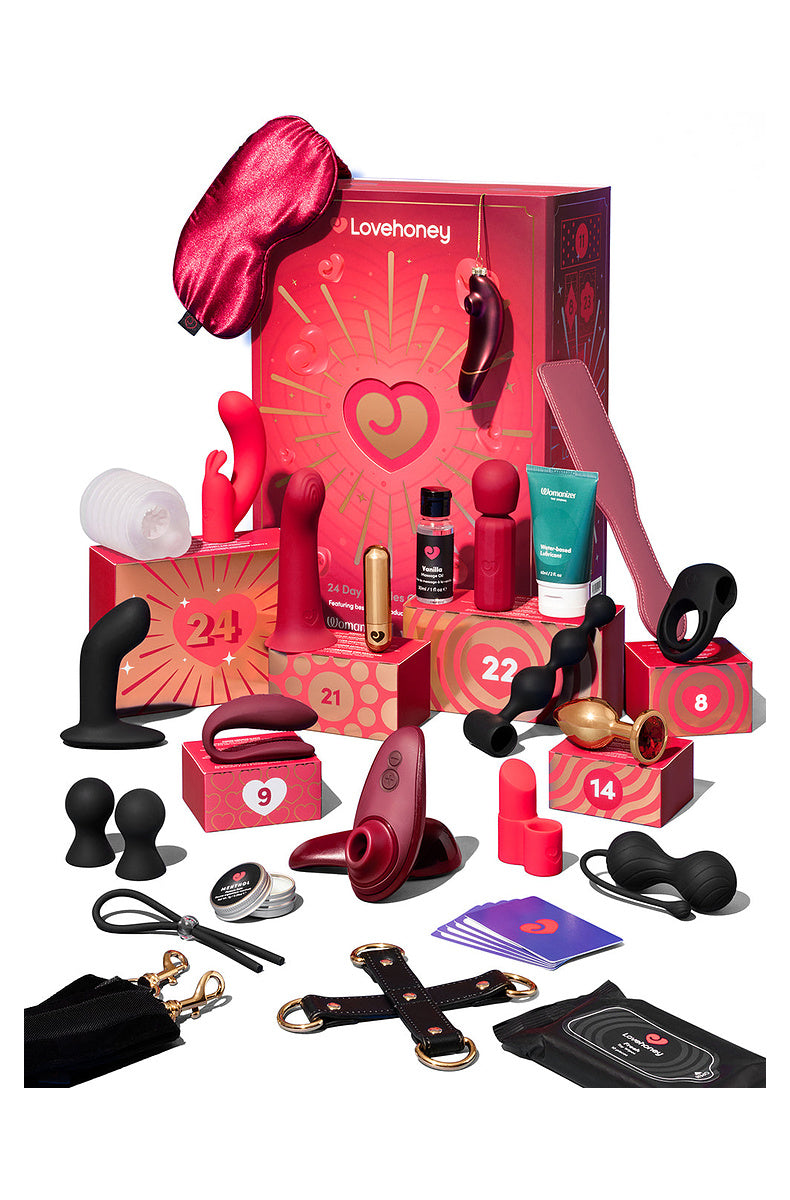 24 day couples advent calendar contents: Womanizer Liberty 2, We-Vibe Sync Lite, bullet, sleeves, cuffs, paddle and more